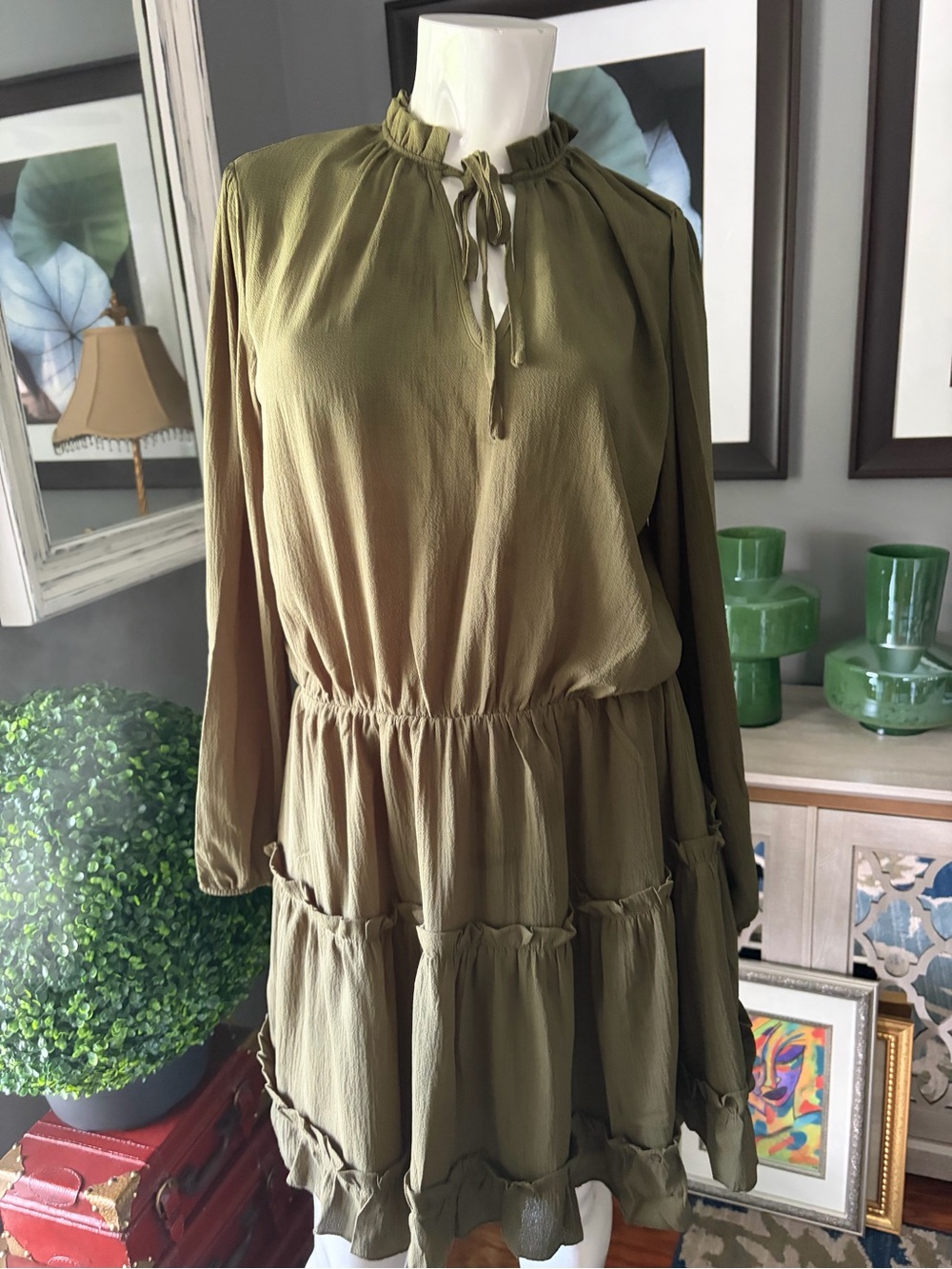 Unk Olive Green Tiered Long-Sleeve Dress with Ruffle Neck
